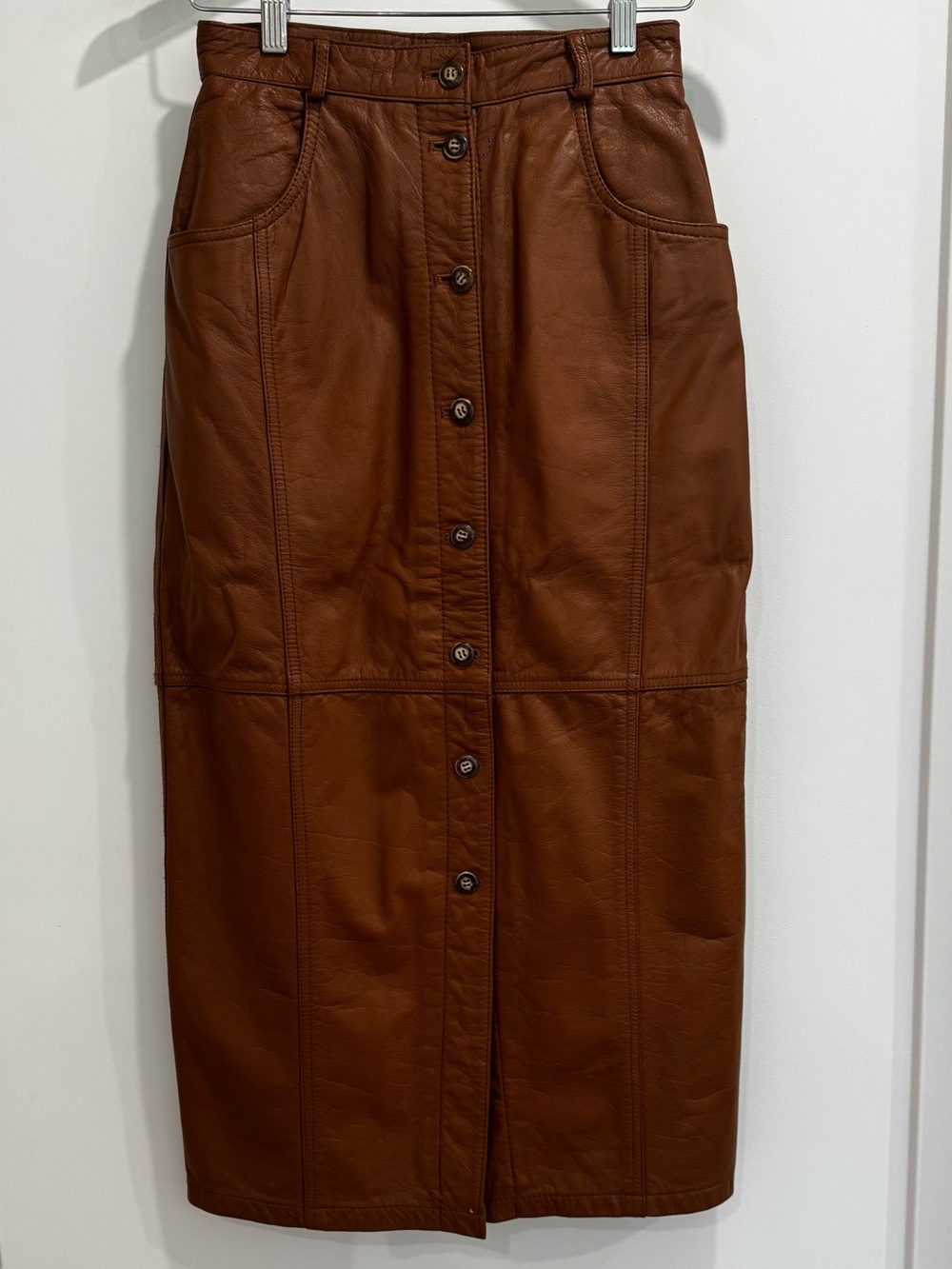Together Brown Genuine Leather Button-Front Midi Skirt